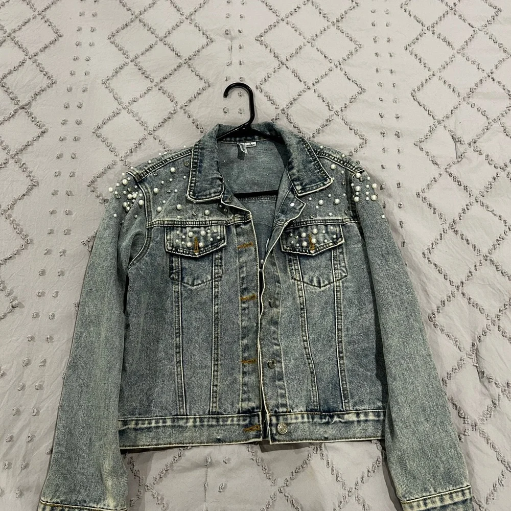 Pearl Studded Denim Jacket with 'Wifey' Embroidery - Picture 3 of 5